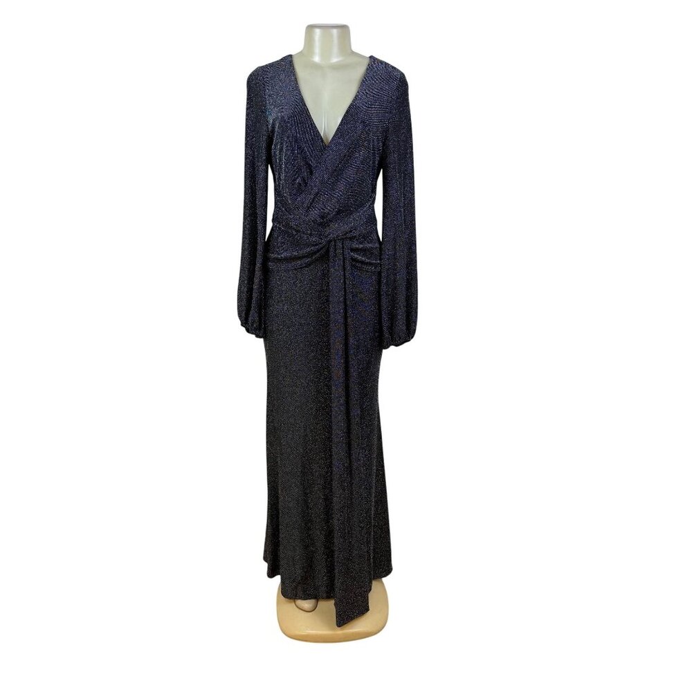 Betsy Adam Black Sparkly Full-Length Long Sleeve Wrap Evening Gown Dress Size 10